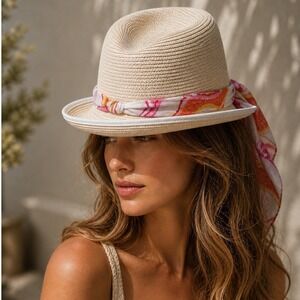 Coach Est 1941 Straw Fedora Hat Tan Pink Orange Floral Ribbon Scarf XS/S